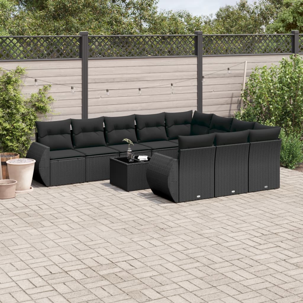 10-tlg. Garten-Sofagarnitur mit Kissen Schwarz Poly Rattan