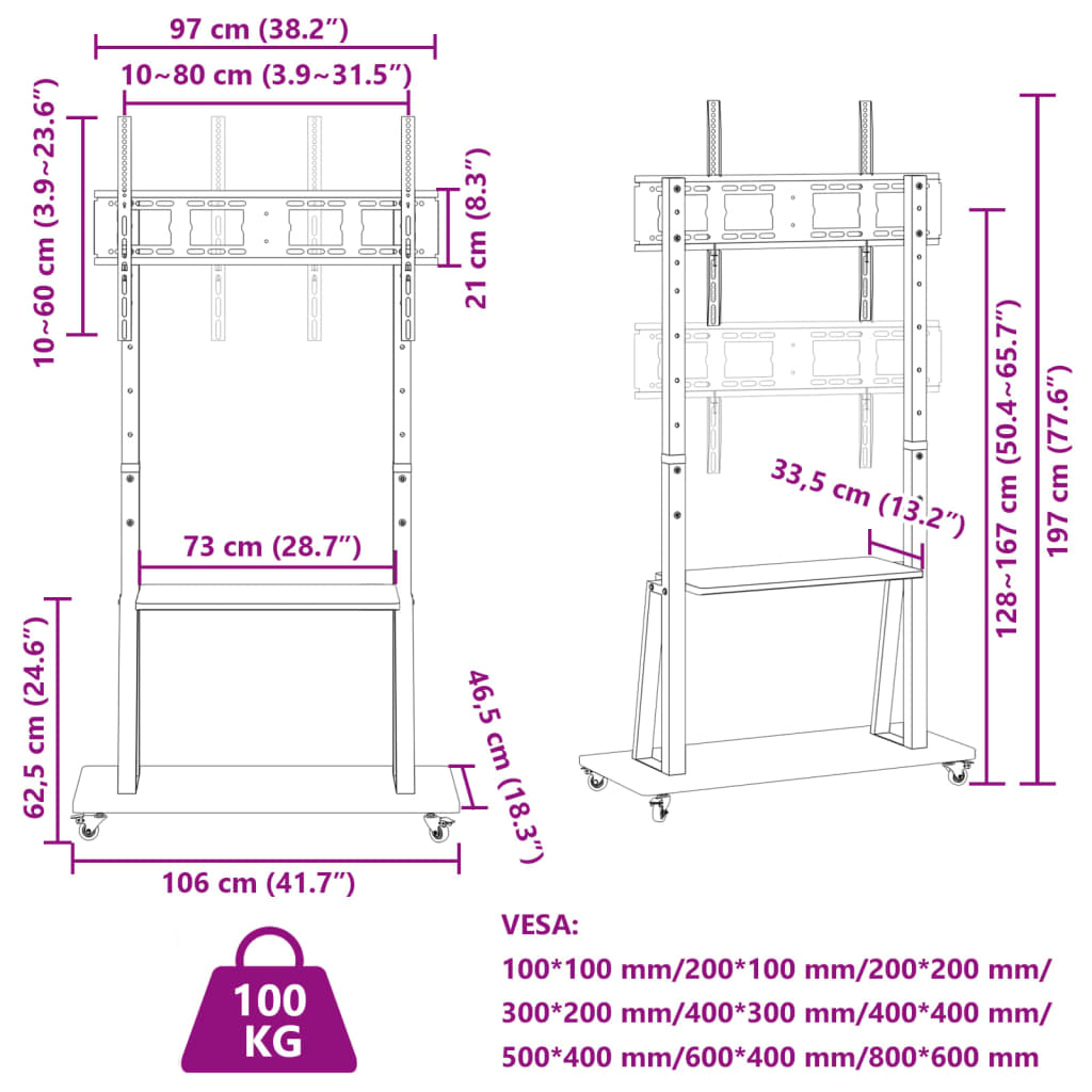 TV-Ständer Rädern 32-70 Zoll Bildschirm Max VESA 600x400mm 50kg