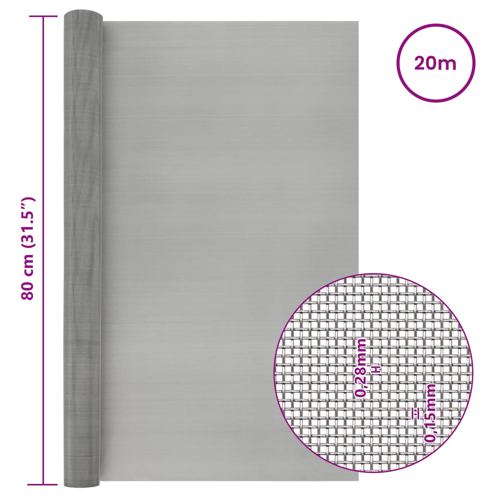 Mesh Bildschirm 20 x 500 cm 20 Mesh Edelstahl 201 Silber