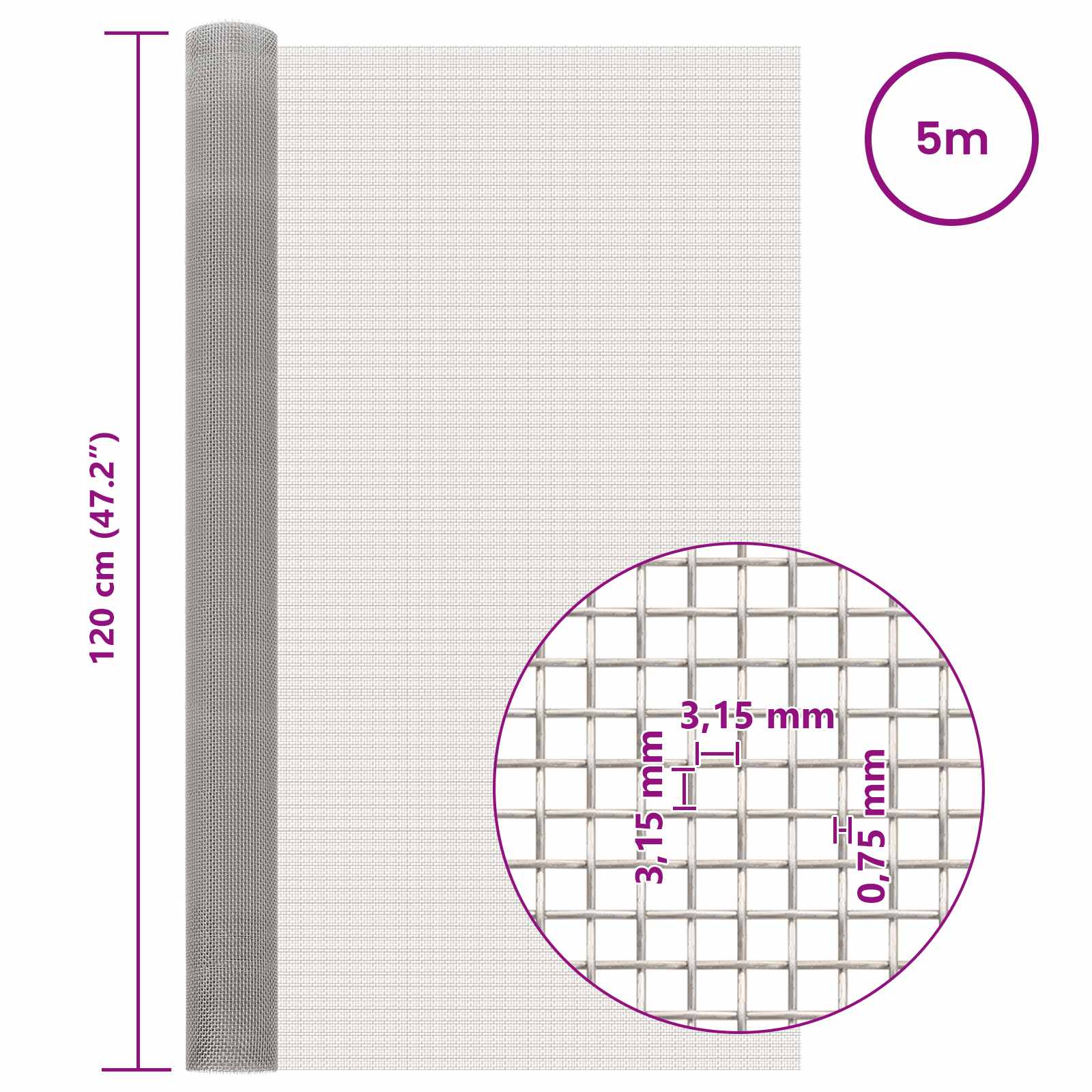 Mesh Bildschirm 20 x 500 cm 20 Mesh Edelstahl 201 Silber