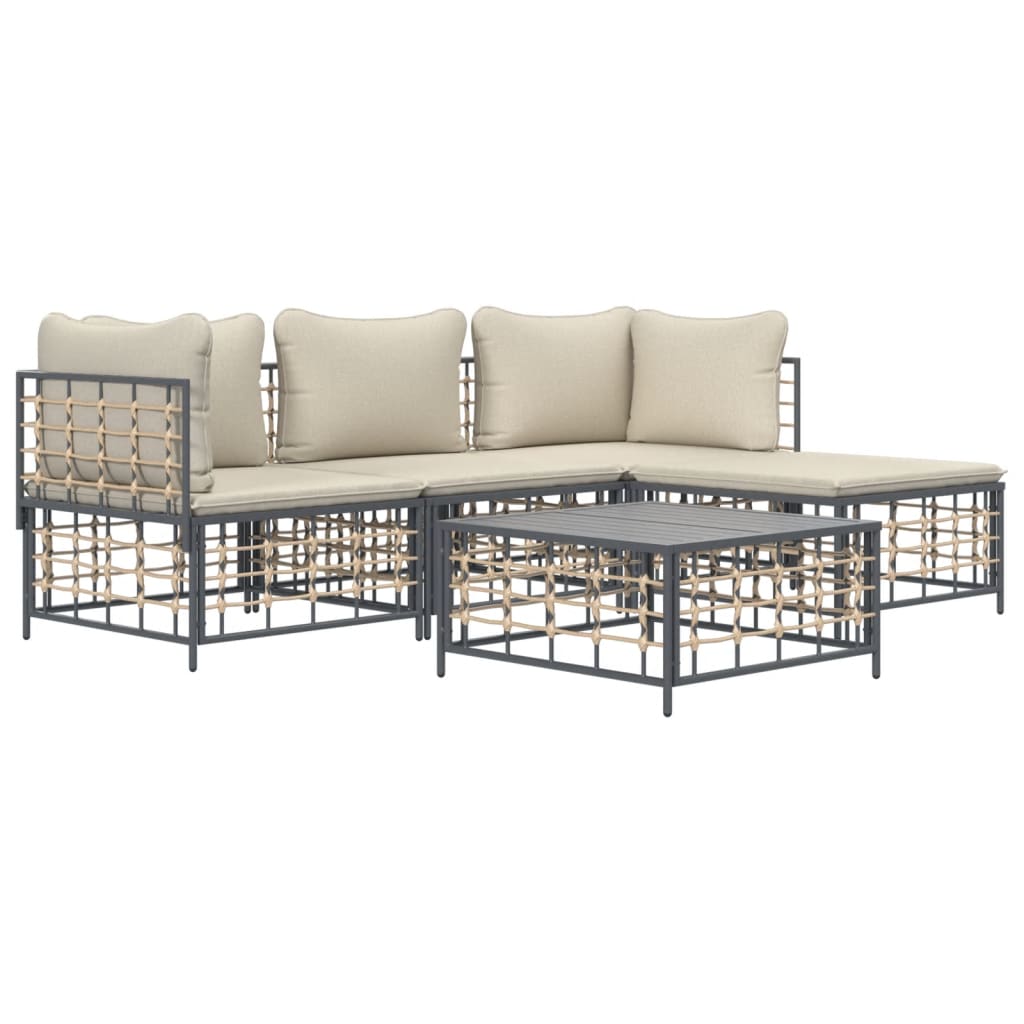 5-tlg. Garten-Lounge-Set mit Kissen Anthrazit Poly Rattan