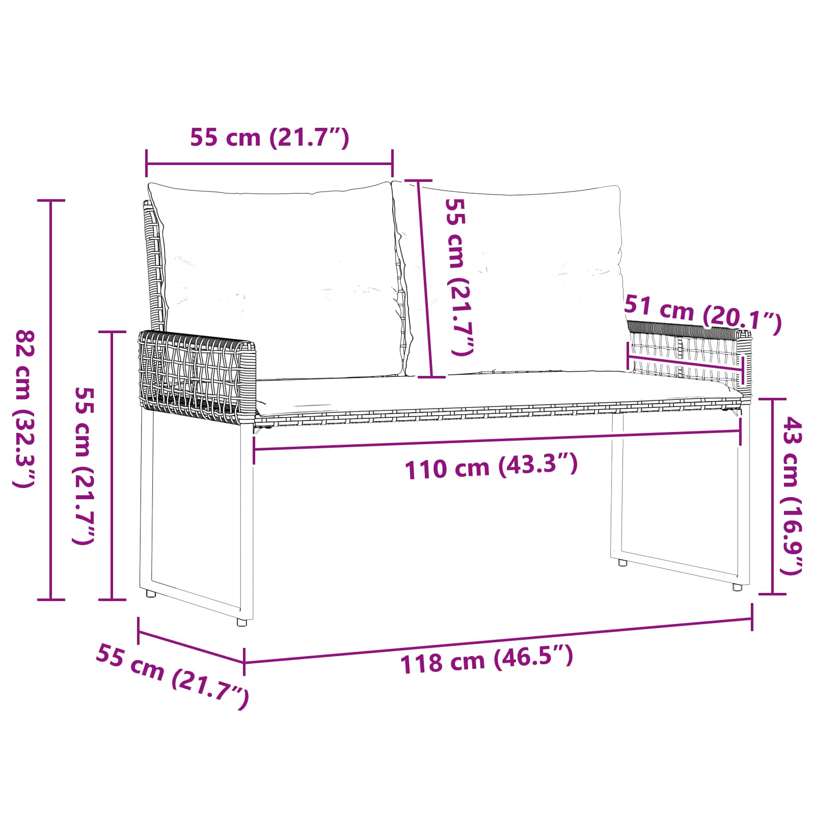 Bank Outdoor mit Kissen Schwarz und Cremeweiß 118 x 55 x 82 cm