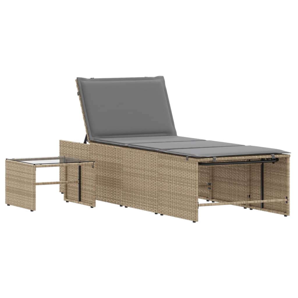 Modulare Sonnenliegen 2 Stk. mit Tisch Schwarz Poly Rattan