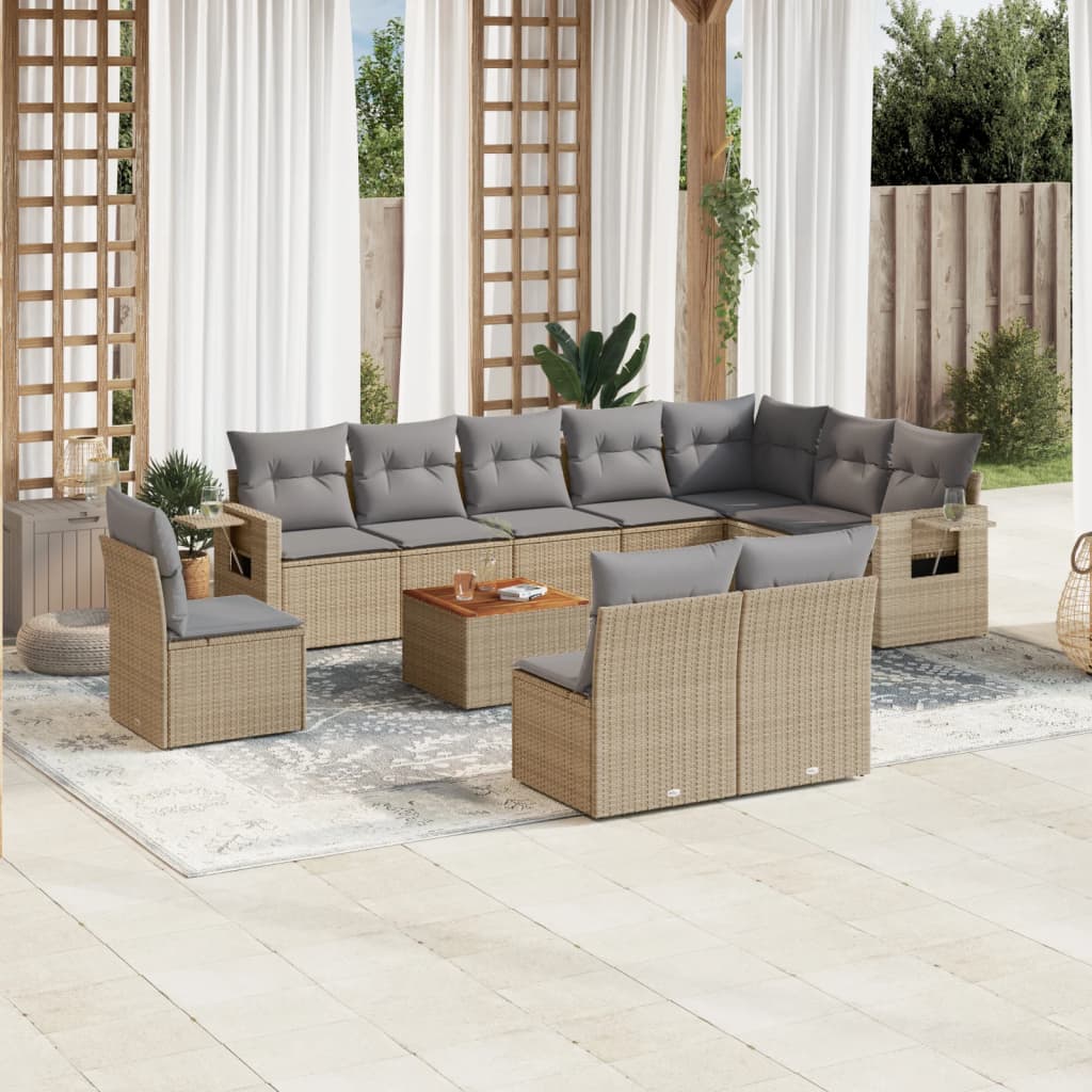 11-tlg. Garten-Sofagarnitur mit Kissen Schwarz Poly Rattan