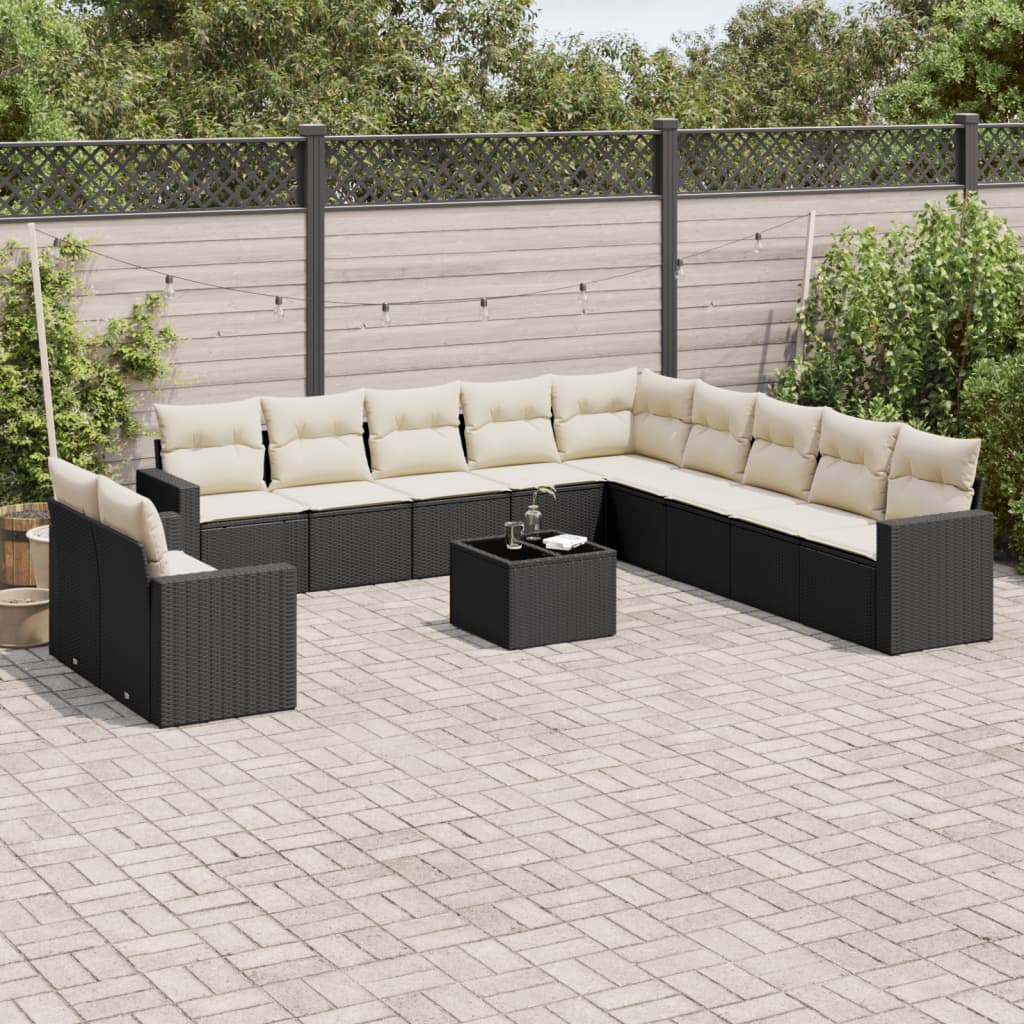 11-tlg. Garten-Sofagarnitur mit Kissen Schwarz Poly Rattan