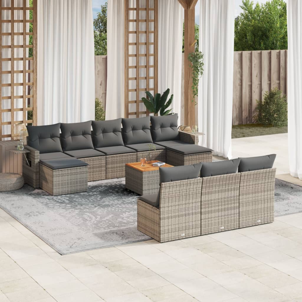11-tlg. Garten-Sofagarnitur mit Kissen Schwarz Poly Rattan