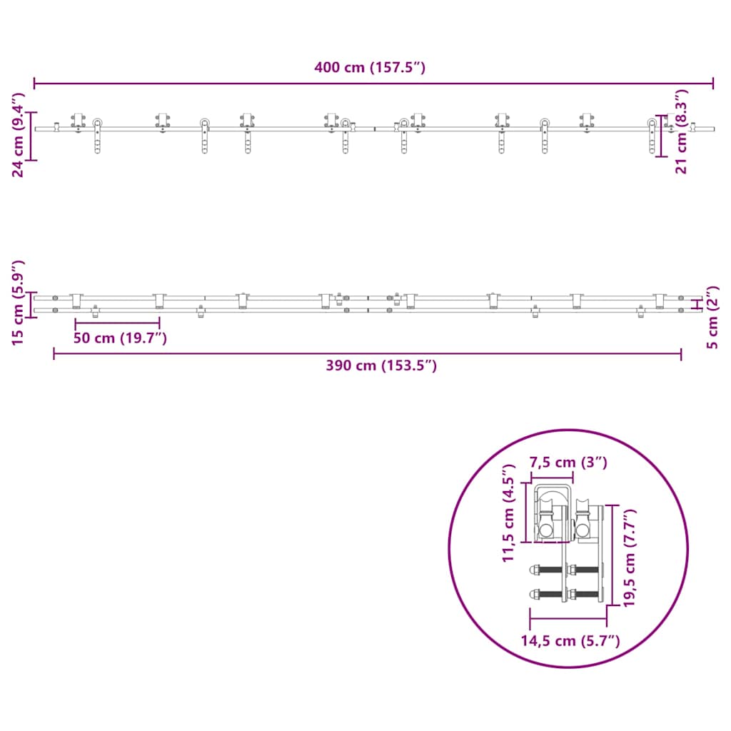 Schiebetür-Beschlagsatz 183 cm Edelstahl Silbern
