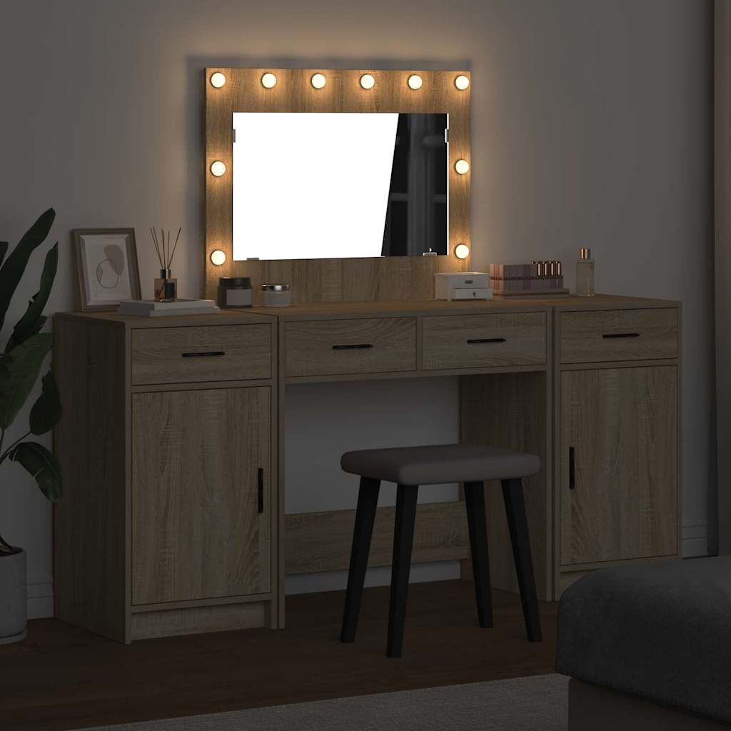 Schminktisch mit Spiegelbeleuchtung 3 pcs Weiß Holzwerkstoff