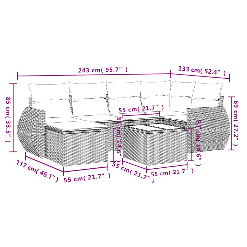 6-tlg. Garten-Sofagarnitur mit Kissen Schwarz Poly Rattan