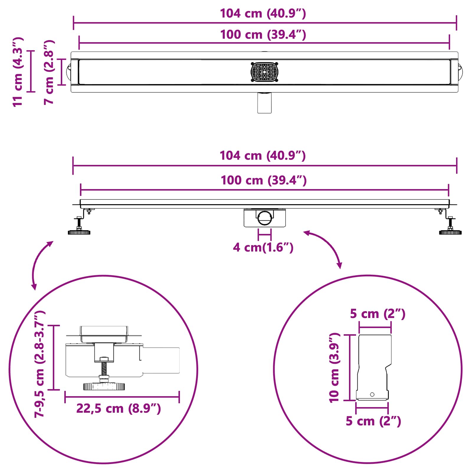 Duschabfluss mit Glashülle und 360° Siphon Schwarz 50 cm