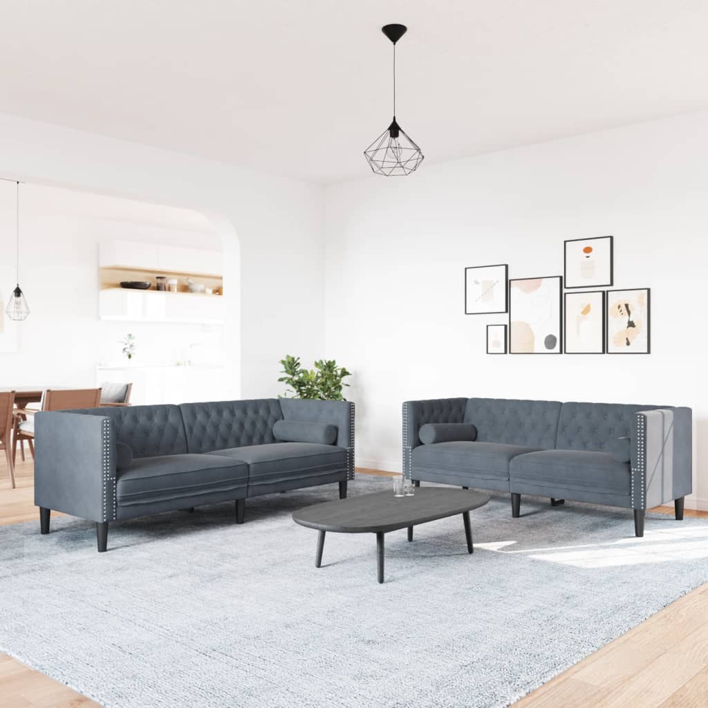 3-tlg. Chesterfield-Sofa-Set mit Nackenrollen Hellgrau Samt