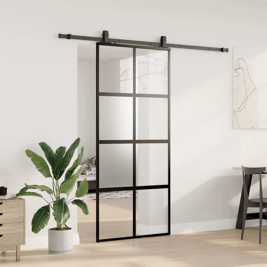 Schiebetür mit Beschlag Schwarz 76x205 cm Hartglas