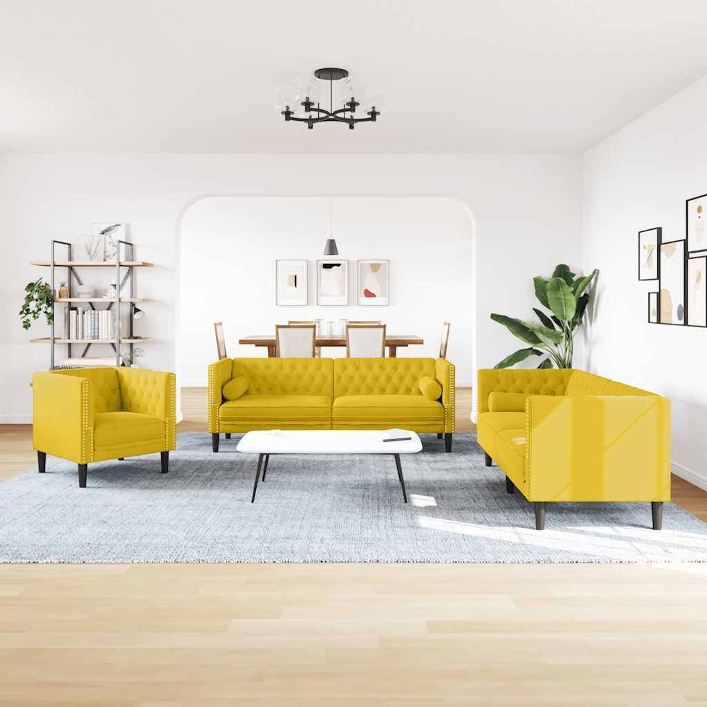 3-tlg. Chesterfield-Sofa-Set mit Nackenrollen Hellgrau Samt