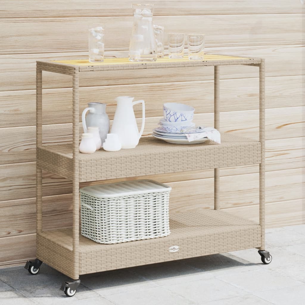 Barwagen 3 Böden Schwarz Poly Rattan und Massivholz Akazie