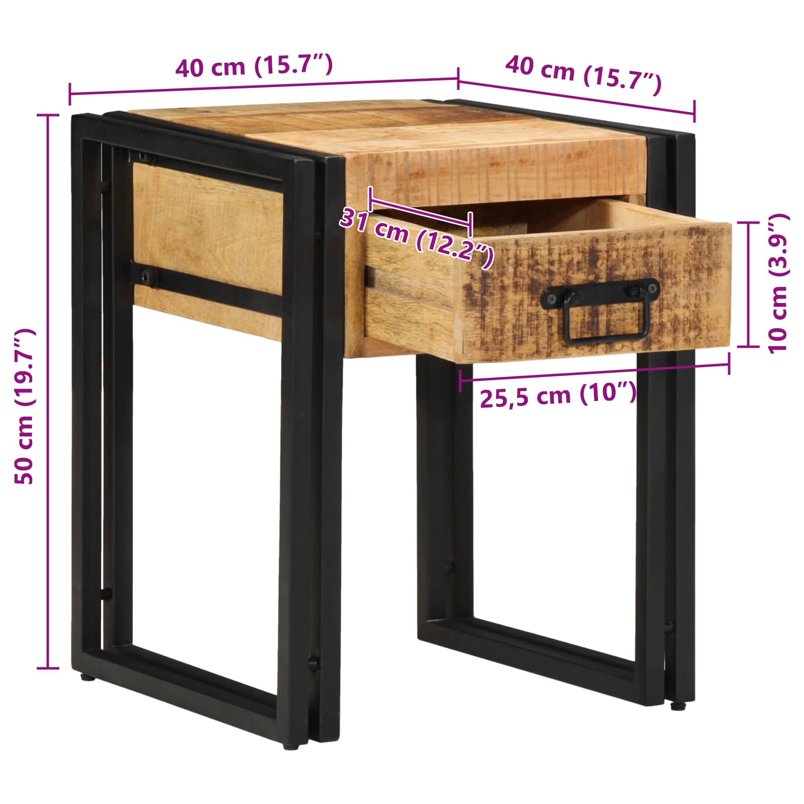 Beistelltisch mit Schubladen 40 x 40 x 50 cm Massivholz Mango