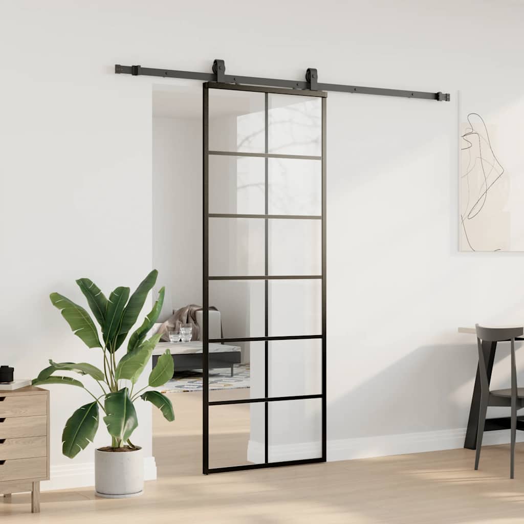 Schiebetür mit Beschlag Schwarz 76x205 cm ESG-Glas