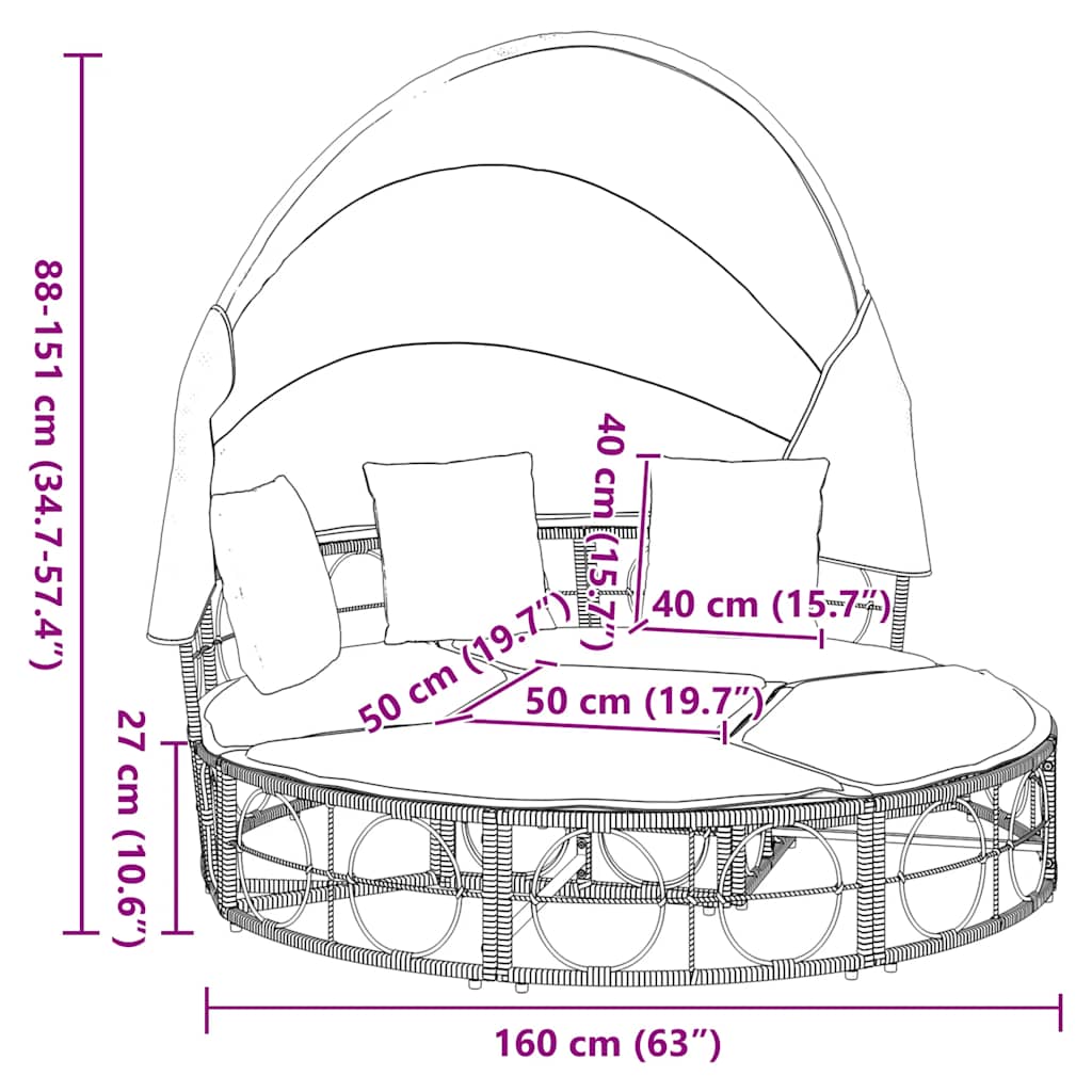 Outdoor-Loungebett mit Dach und Kissen Schwarz Poly Rattan