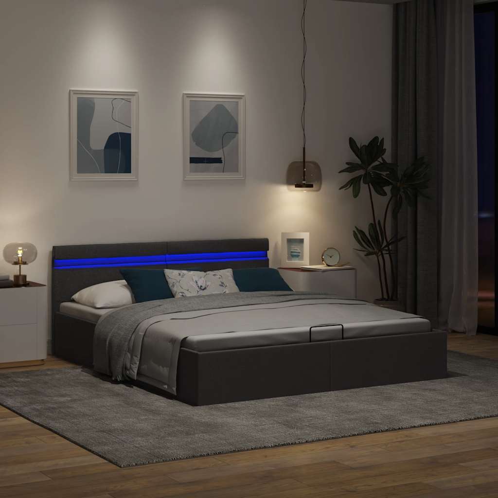 Bett mit Bettkasten Hydraulisch LED Dunkelgrau Stoff 90x200 cm