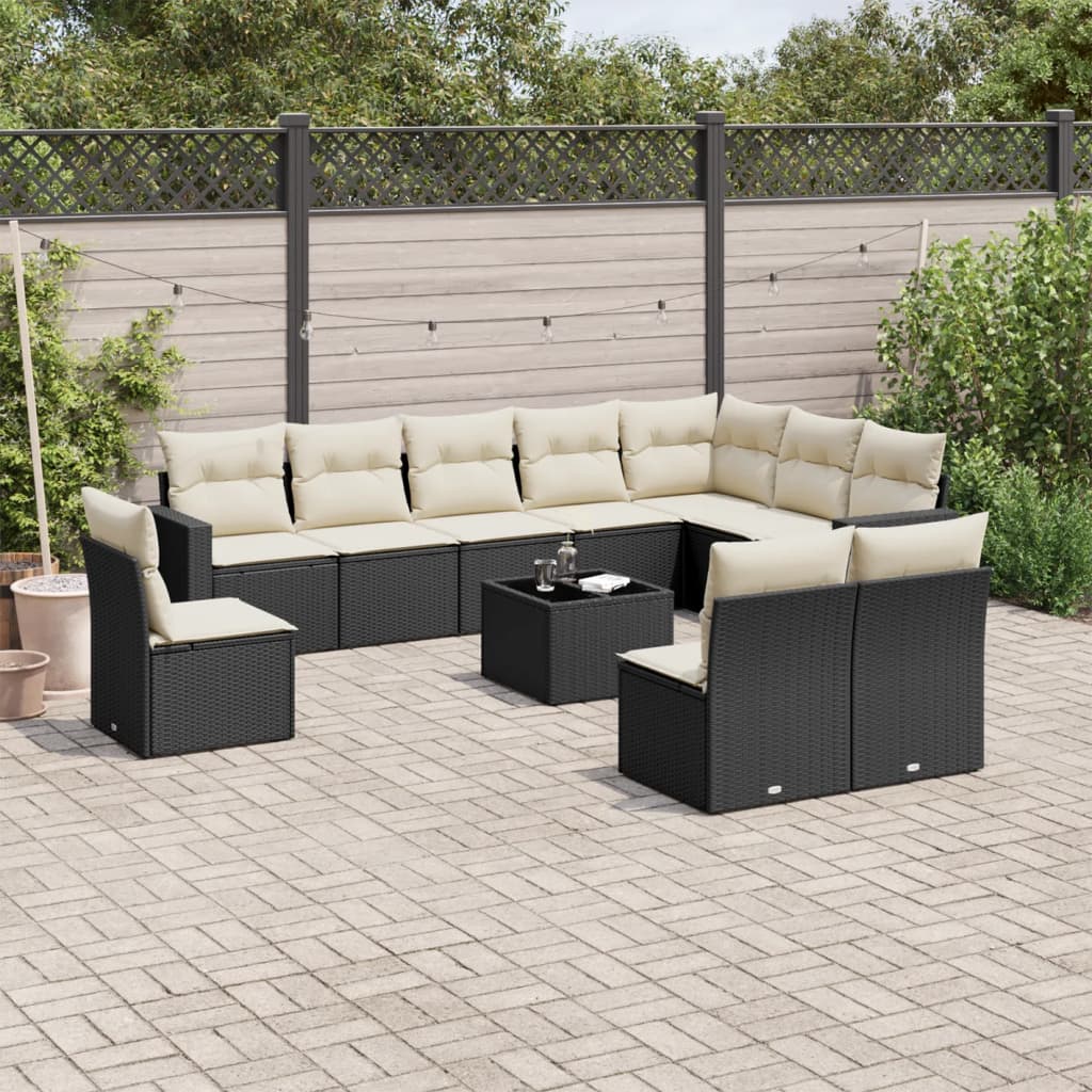 10-tlg. Garten-Sofagarnitur mit Kissen Schwarz Poly Rattan