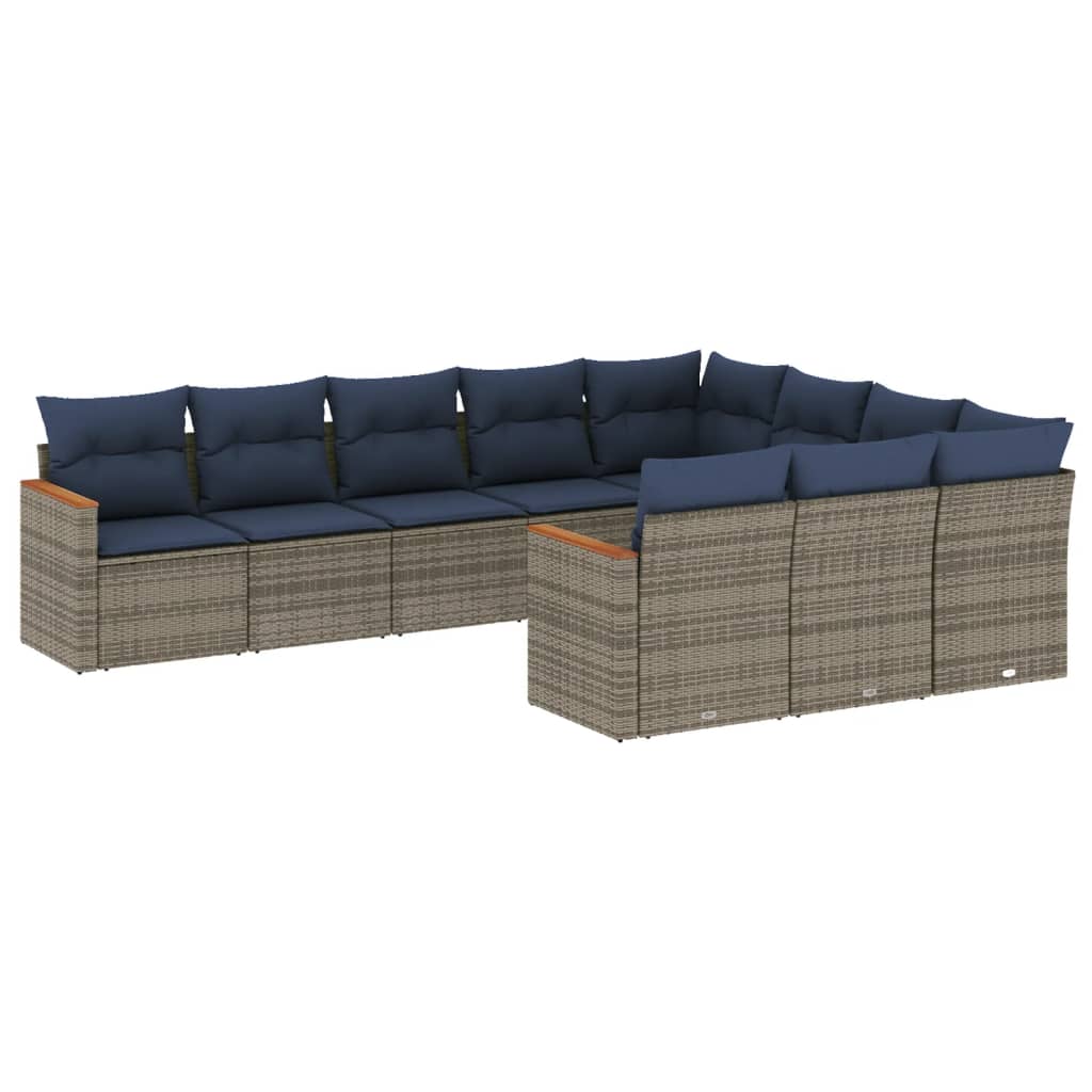 10-teiliges Gartensofa-Set mit Kissen, schwarzes Polyrattan
