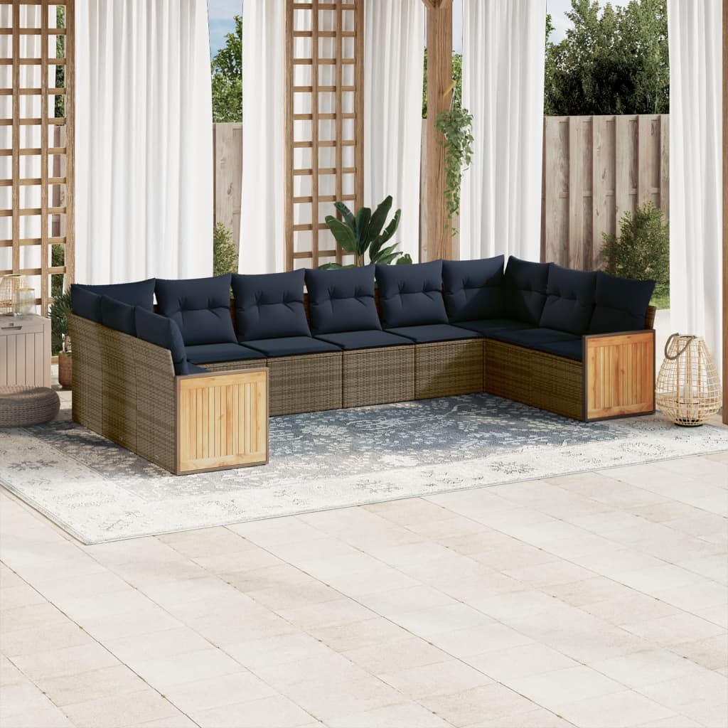 10-teiliges Gartensofa-Set mit Kissen, schwarzes Polyrattan