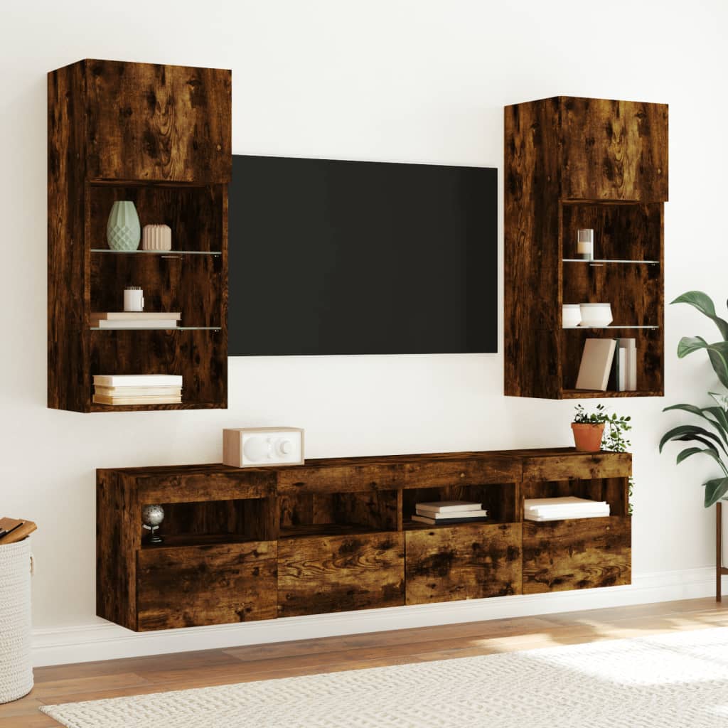 5-tlg. Wohnwand mit LED-Beleuchtung Weiß Holzwerkstoff
