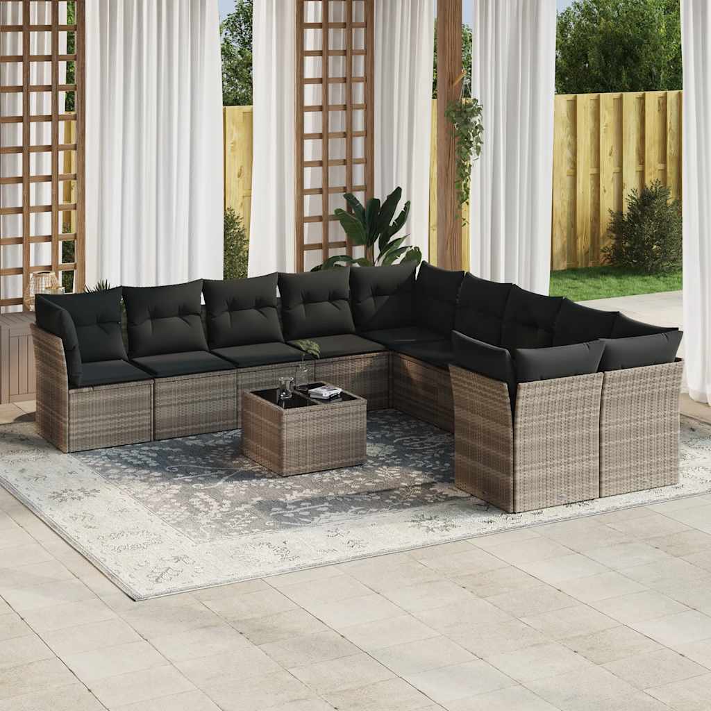 10-tlg. Garten-Sofagarnitur mit Kissen Schwarz Poly Rattan