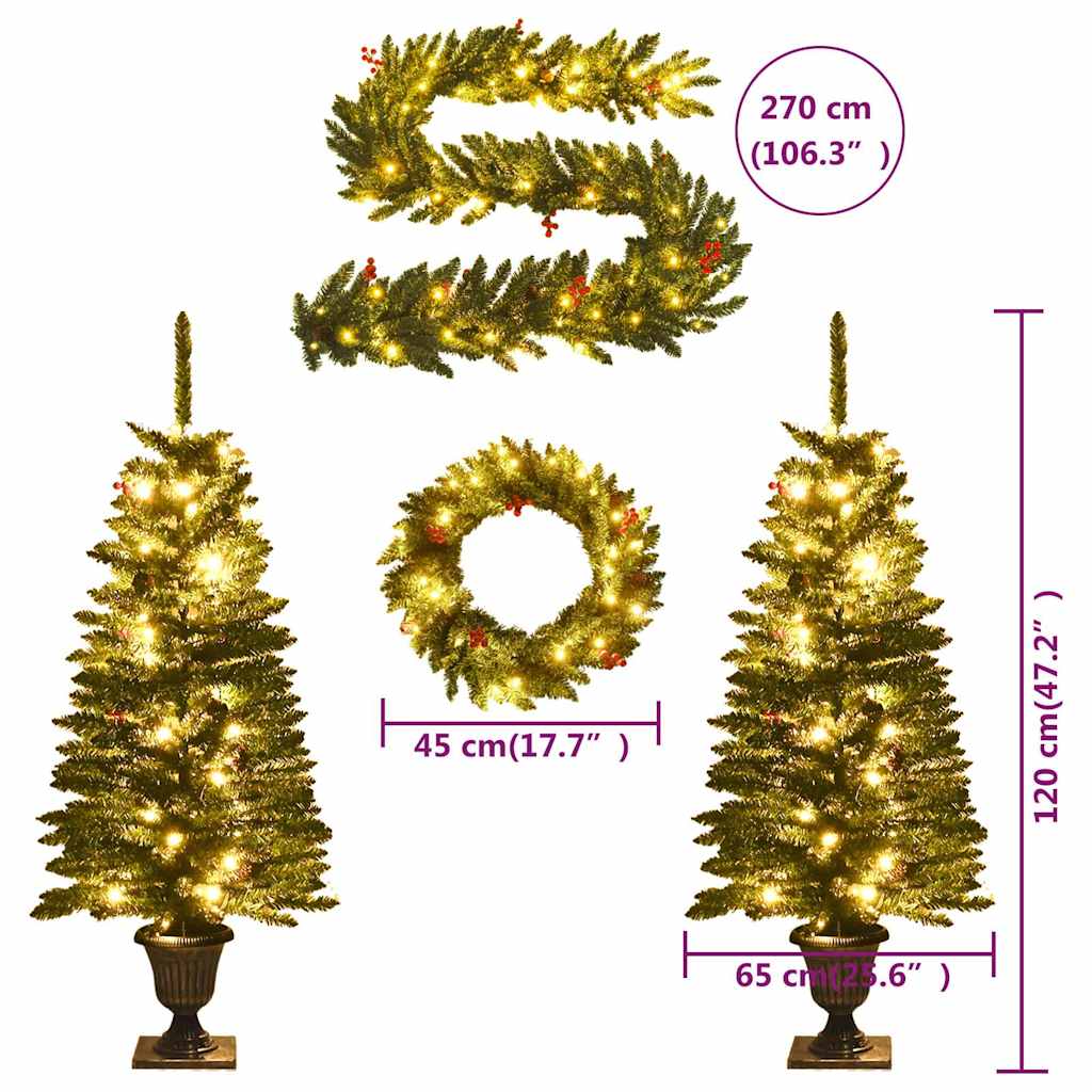 Künstliche Weihnachtsbäume 2 Stk. mit Kranz, Girlande und LEDs