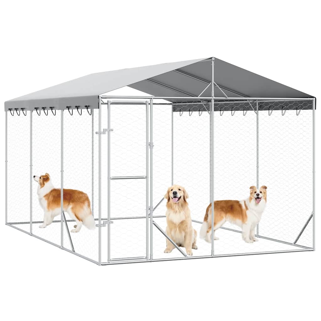 Outdoor-Hundezwinger mit Dach Silber 3x1,5x2,5m Stahl Verzinkt