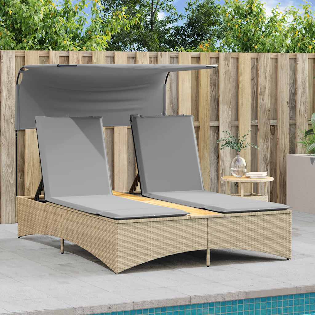 Doppel-Sonnenliege mit Dach und Auflagen Schwarz Poly Rattan