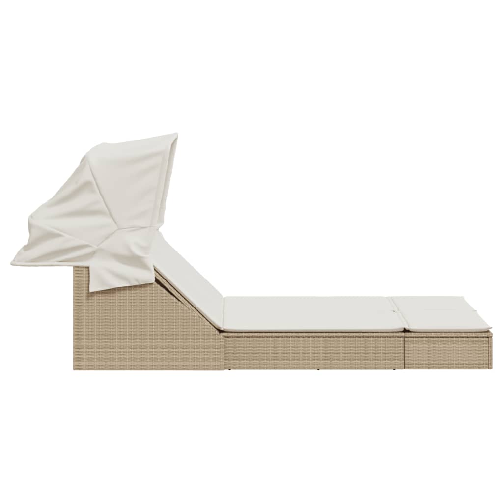Doppel-Sonnenliege mit Dach und Auflagen Braun Poly Rattan