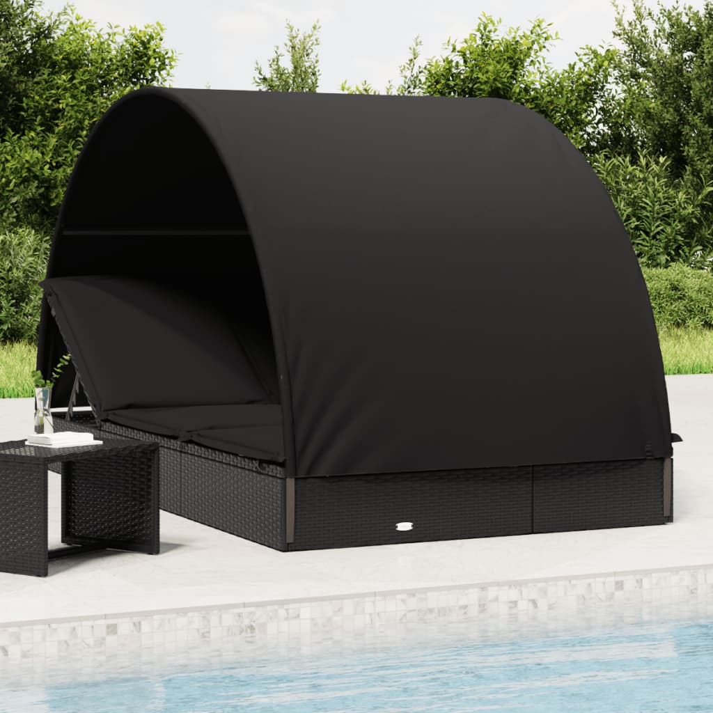 2-Personen-Sonnenliege mit Dach Braun 211x112x140 Poly Rattan