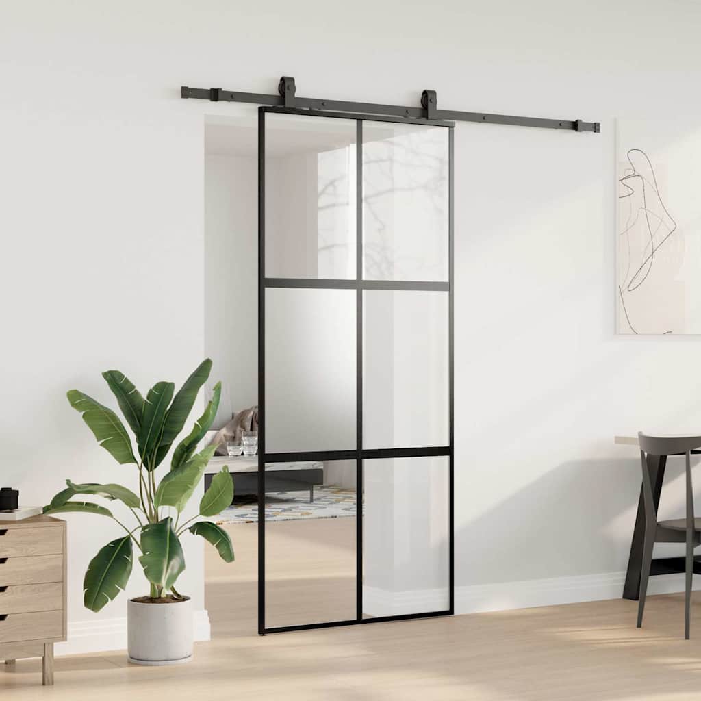 Schiebetür mit Beschlag Schwarz 76x205 cm Hartglas