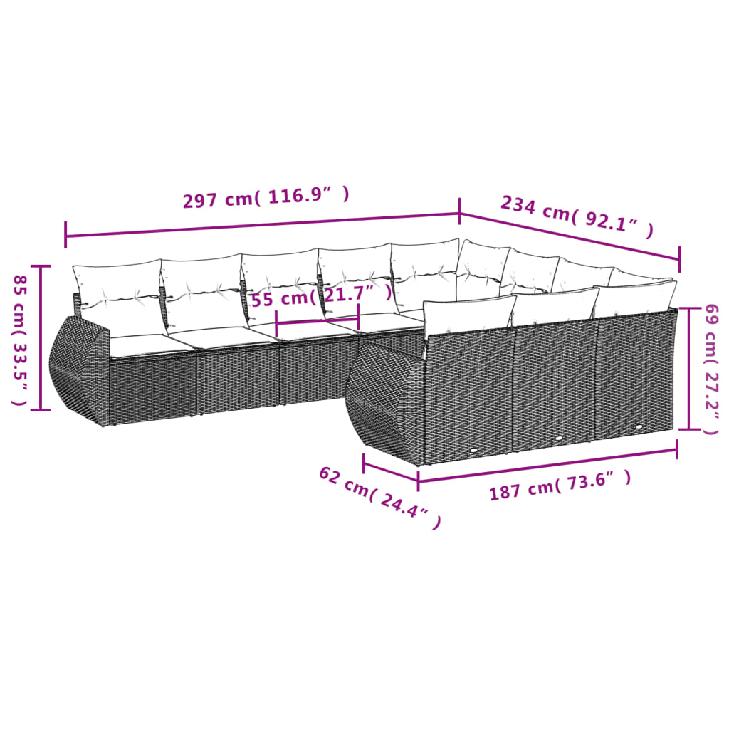 10-teiliges Gartensofa-Set mit Kissen, schwarzes Polyrattan