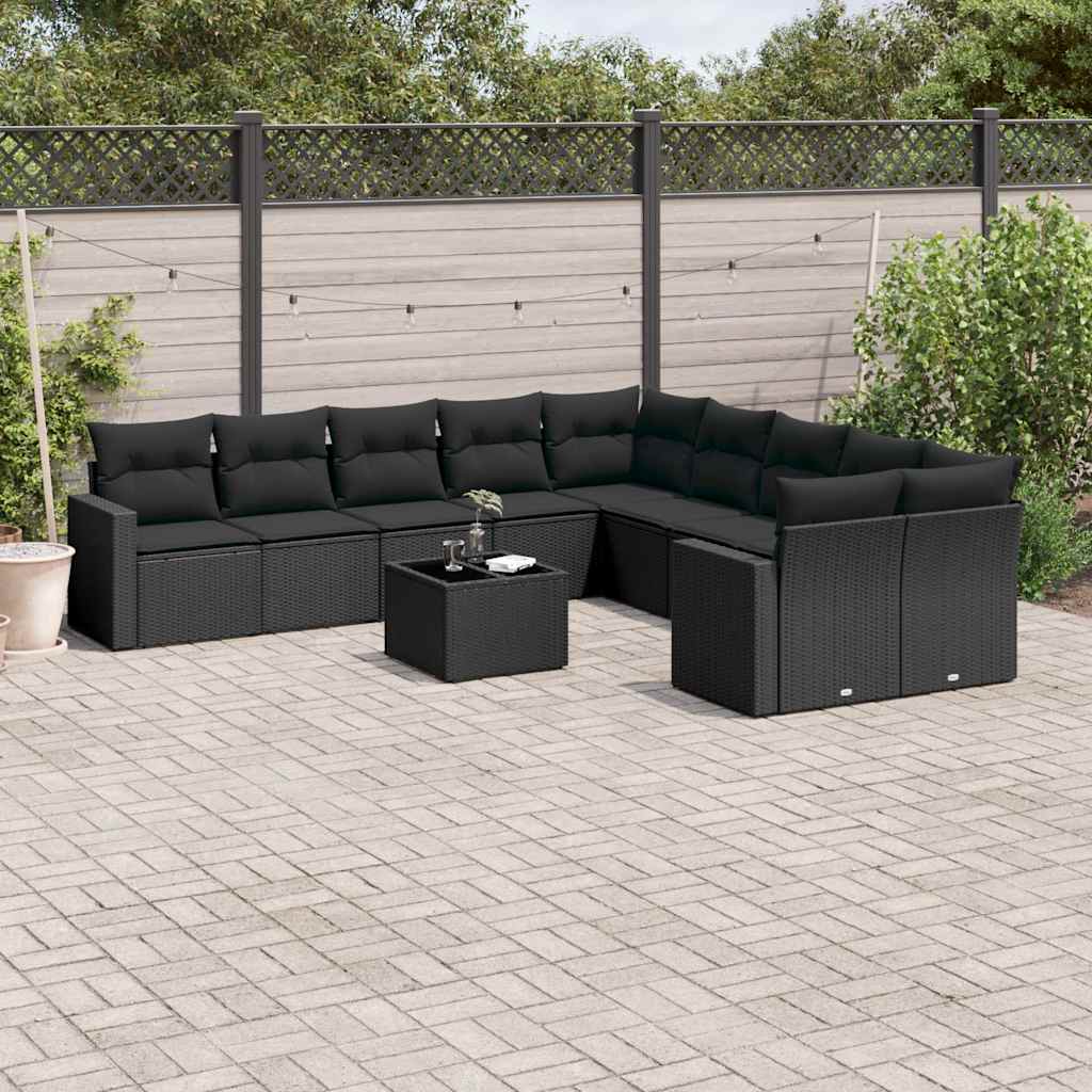 10-tlg. Garten-Sofagarnitur mit Kissen Schwarz Poly Rattan