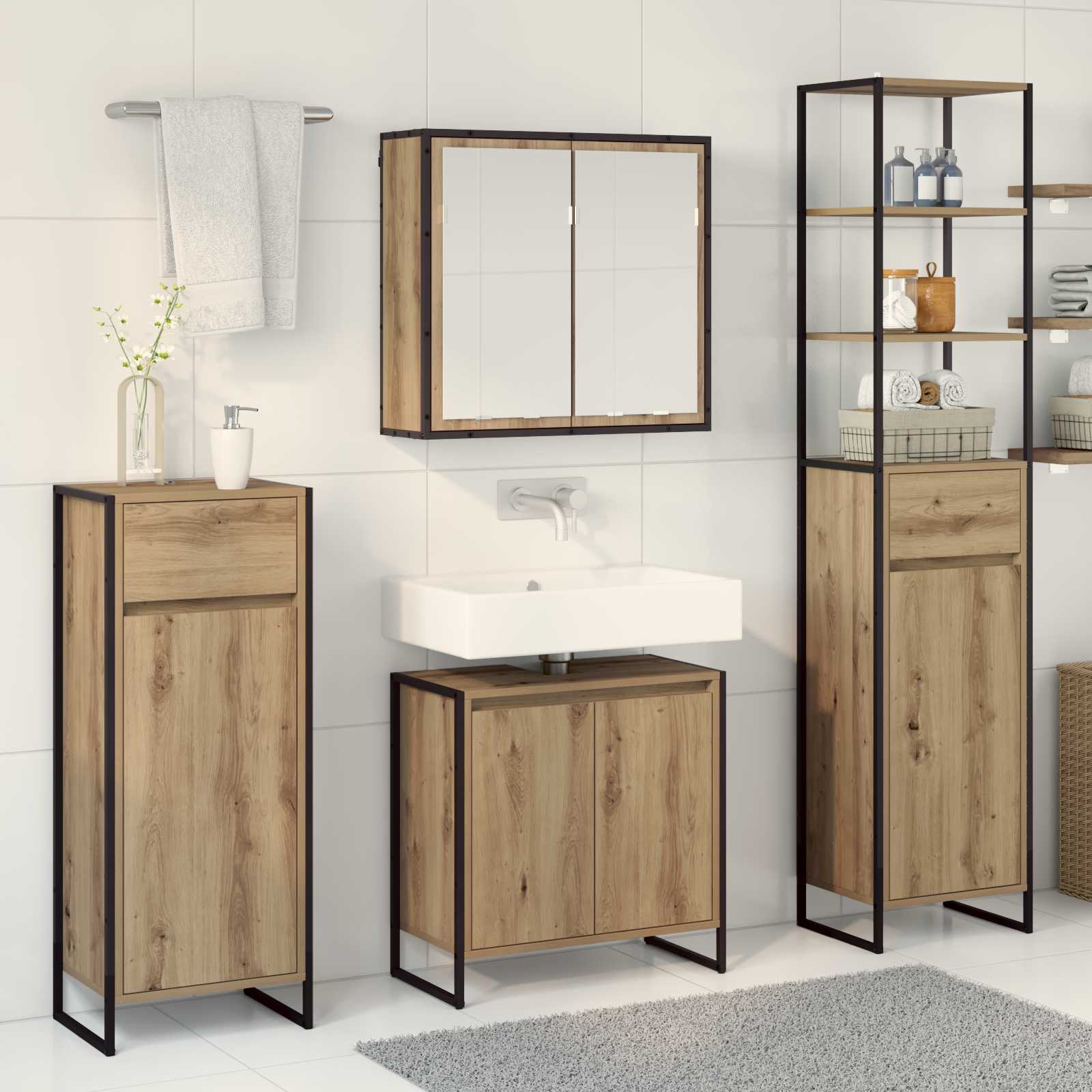 Badezimmermöbel-Set mit Tür Schwarz Eichen-Optik Holzwerkstoff