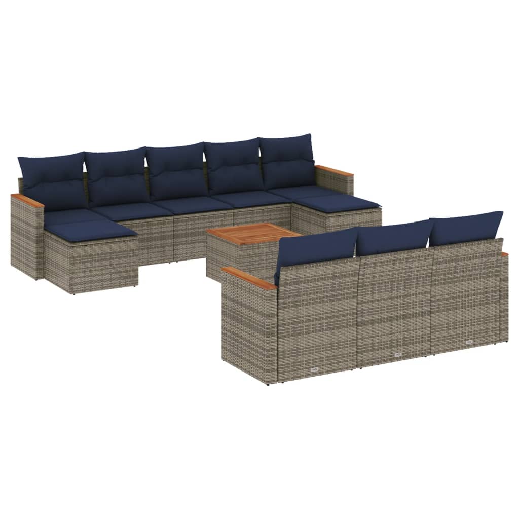 10-teiliges Gartensofa-Set mit Kissen, schwarzes Polyrattan
