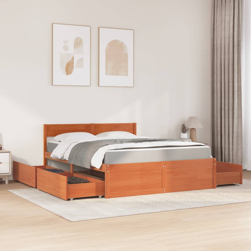 Bett mit Schubladen und Matratze 200x200 cm Massivholz Kiefer