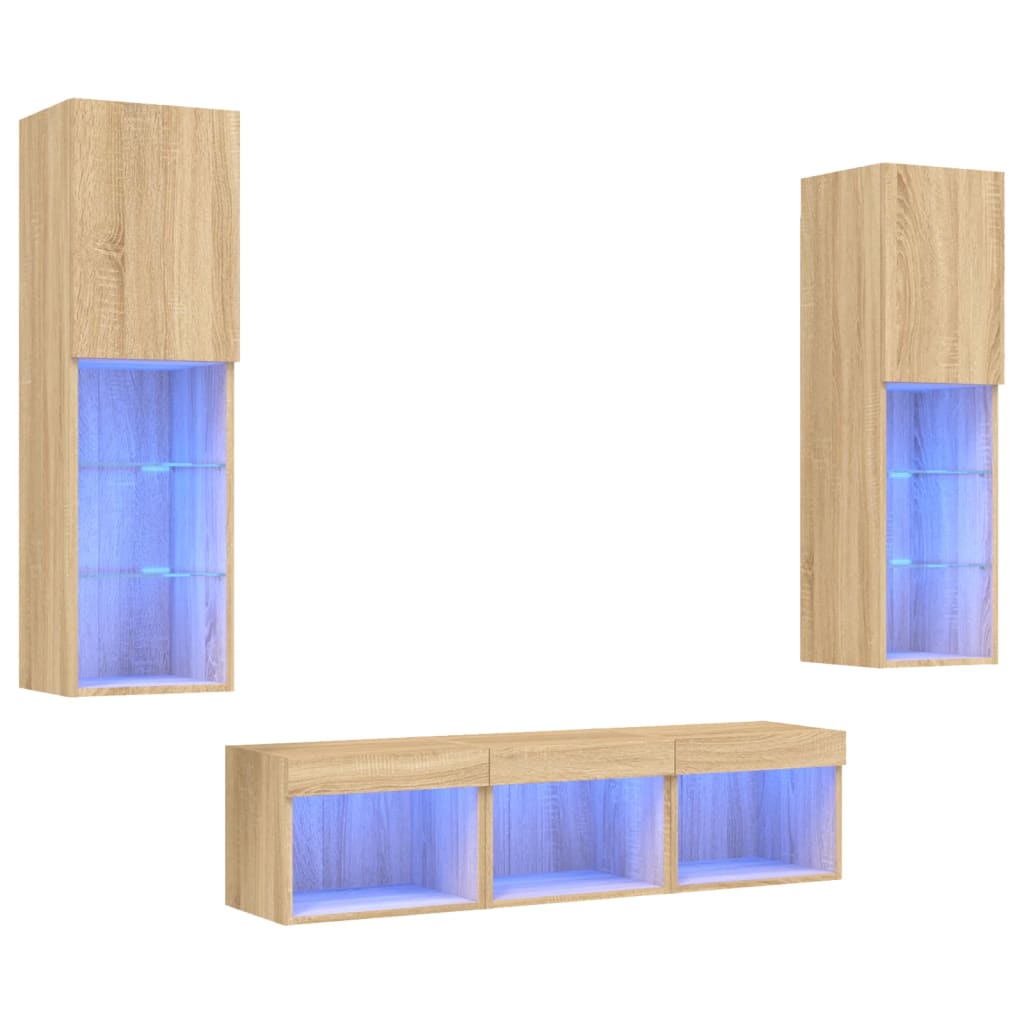 5-tlg. Wohnwand mit LED-Beleuchtung Weiß Holzwerkstoff