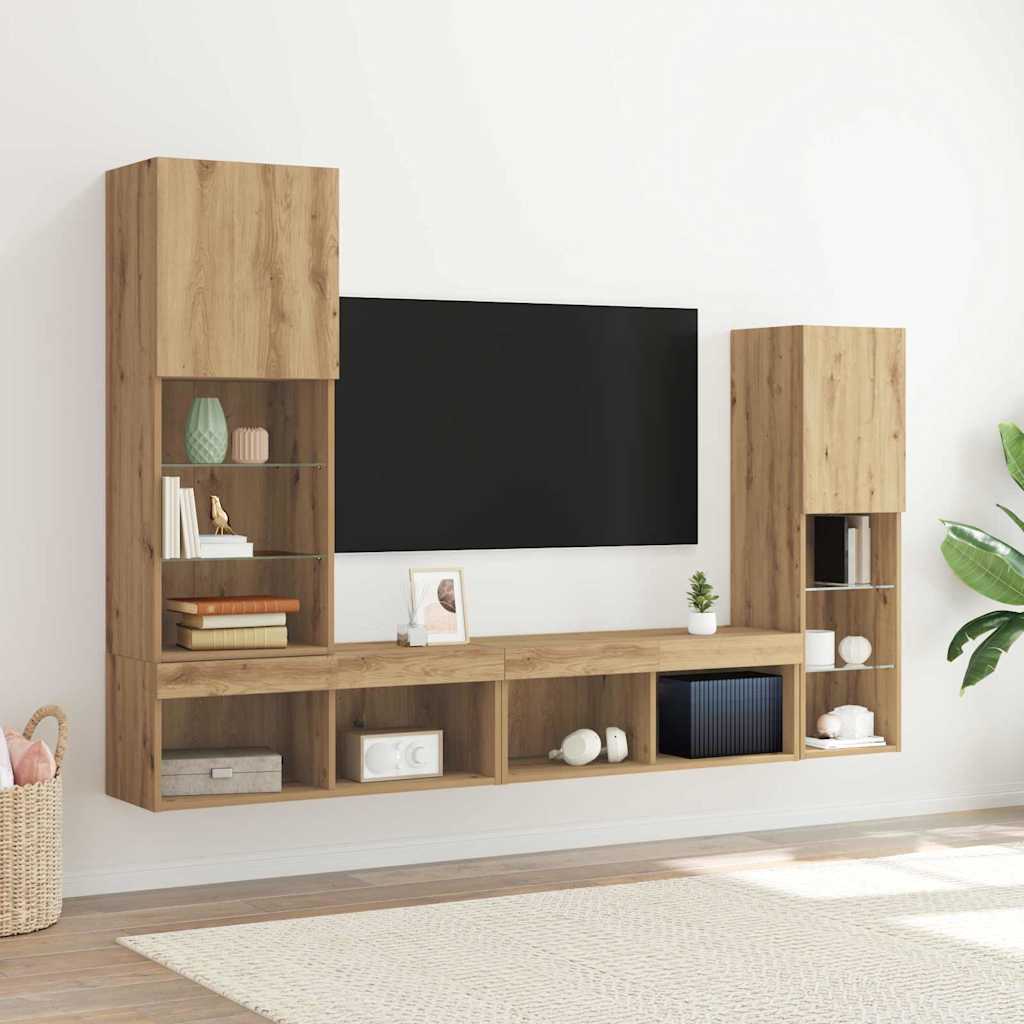 4-tlg. Wohnwand mit LED-Beleuchtung Weiß Holzwerkstoff