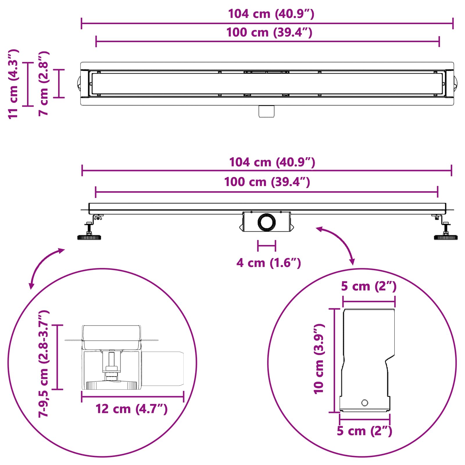 Duschabfluss mit Glasabdeckung Schwarz 50 cm Edelstahl 304