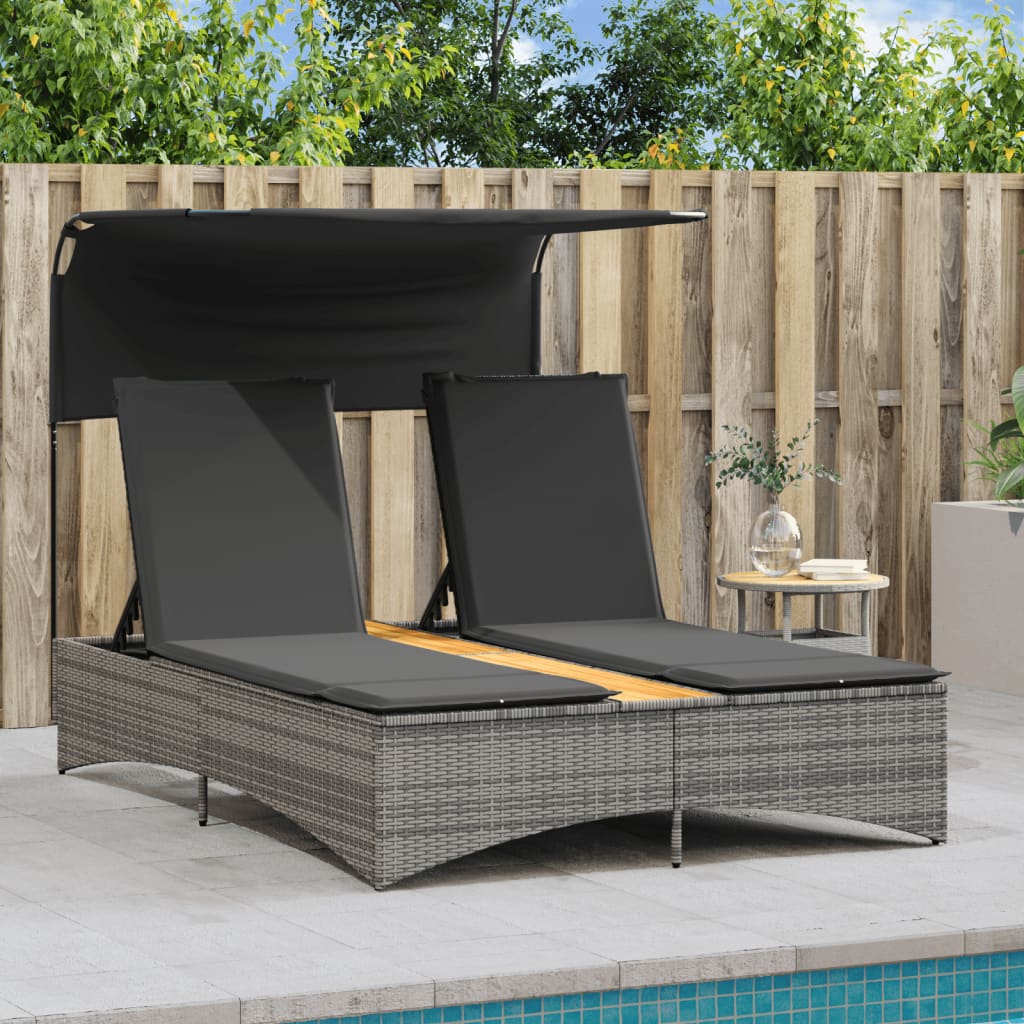 Doppel-Sonnenliege mit Dach und Auflagen Schwarz Poly Rattan