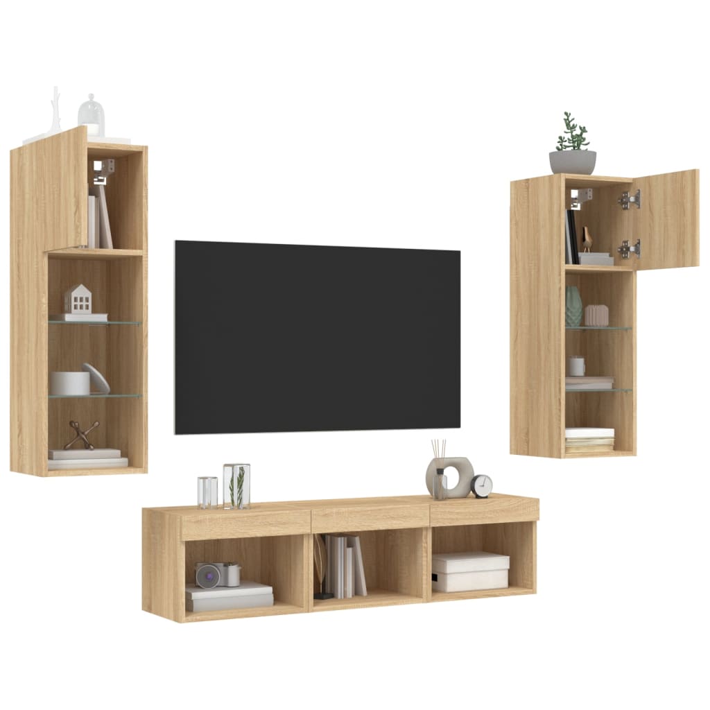 5-tlg. Wohnwand mit LED-Beleuchtung Weiß Holzwerkstoff