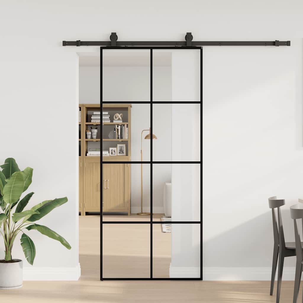 Schiebetür mit Beschlag Schwarz 76x205 cm ESG-Glas
