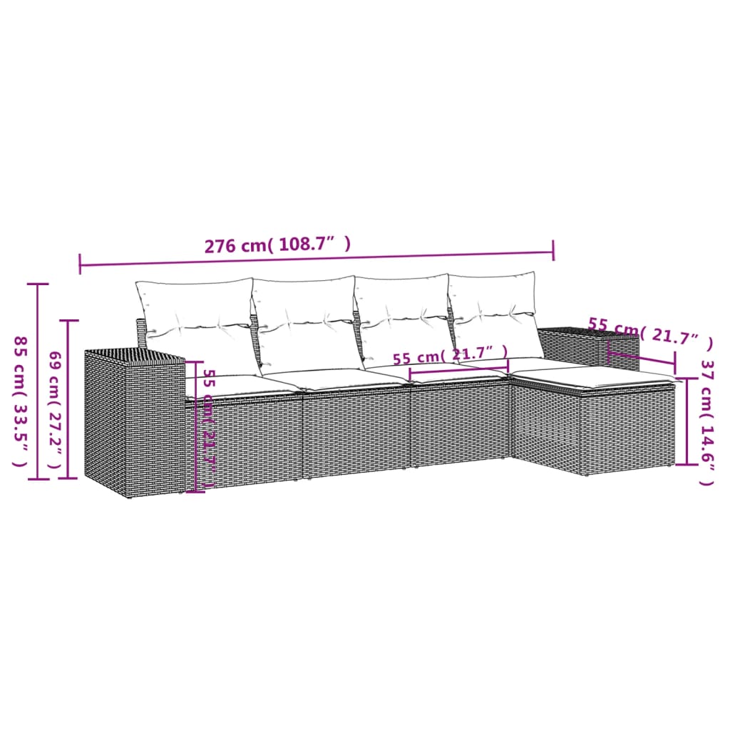 5-teiliges Gartensofa-Set mit Kissen, schwarzes Polyrattan