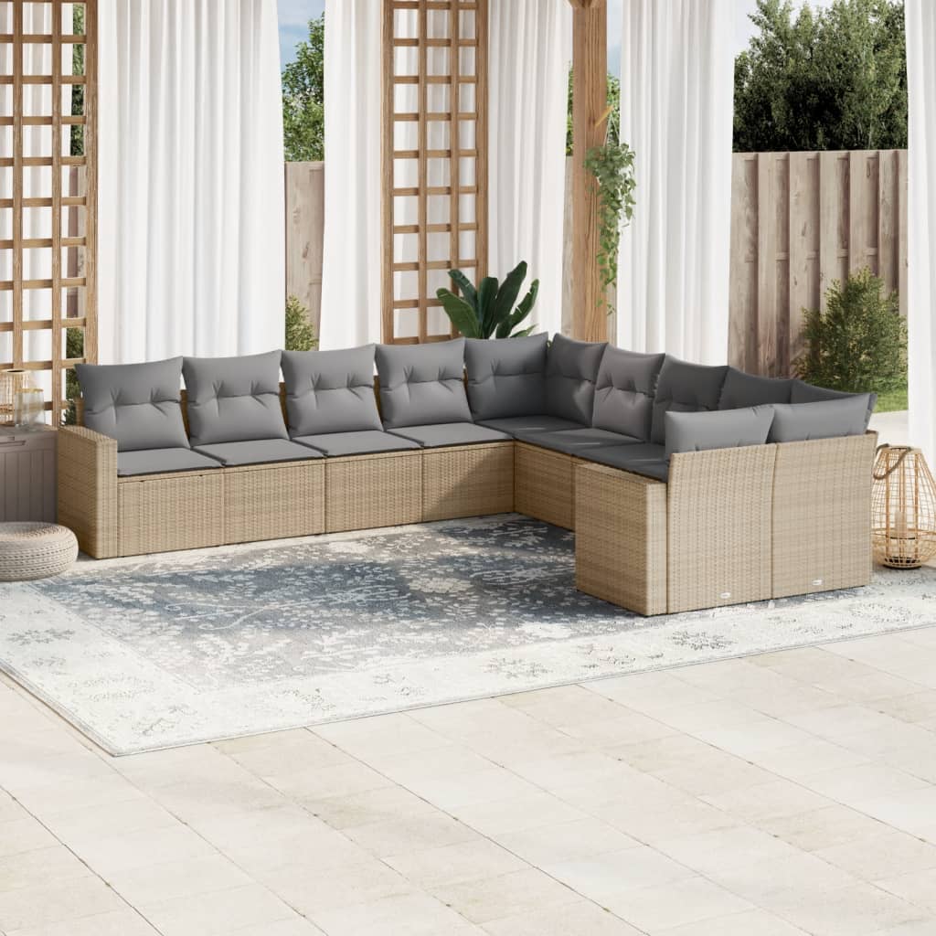 10-tlg. Garten-Sofagarnitur mit Kissen Schwarz Poly Rattan
