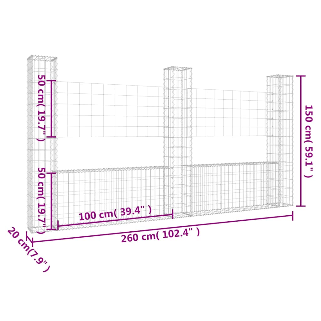 Gabionenkorb U-Form mit 2 Säulen Eisen 140x20x150 cm