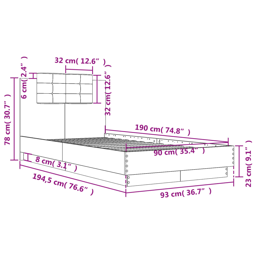 Bettgestell mit Kopfteil Grau Sonoma 180x200 cm Holzwerkstoff
