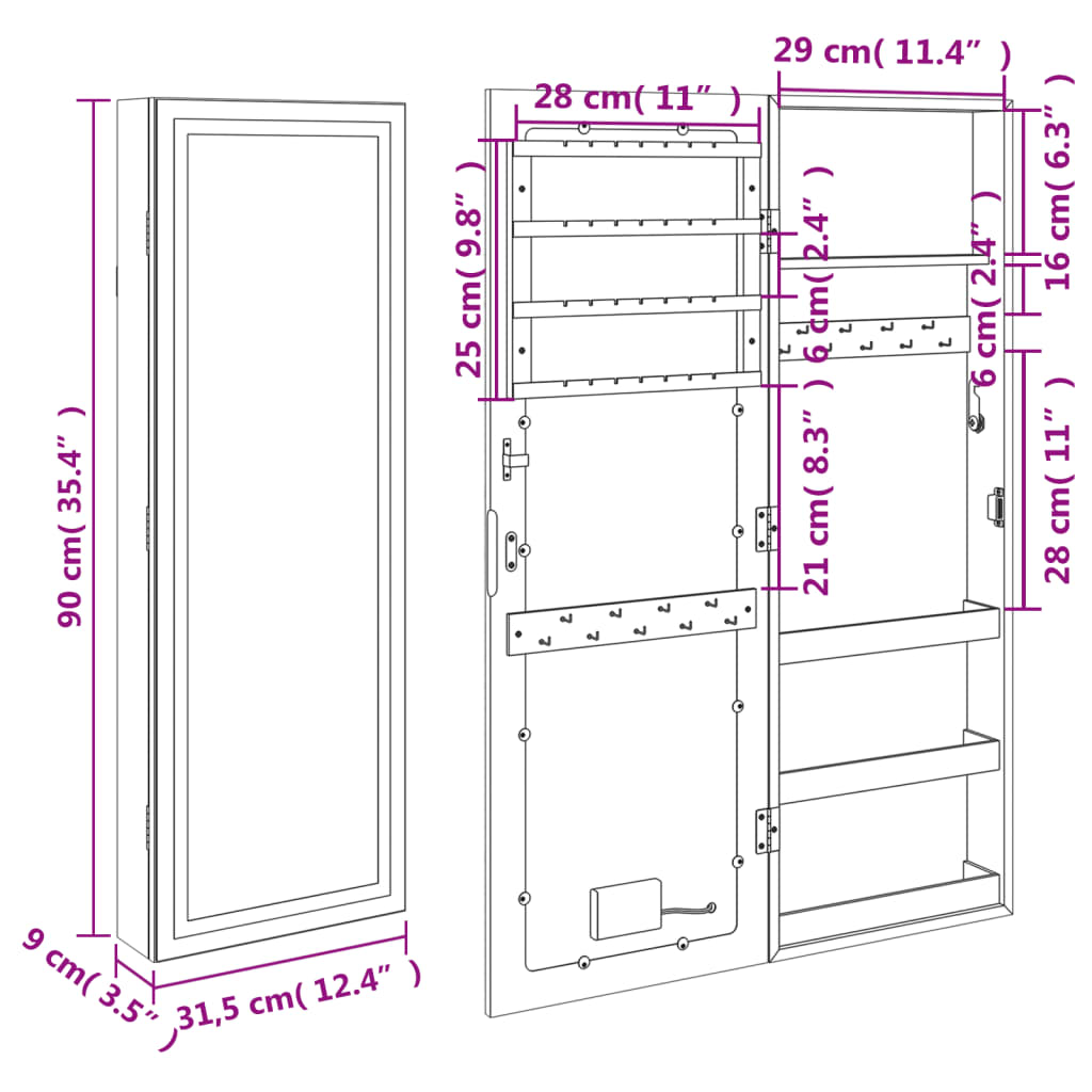 Spiegel-Schmuckschrank mit LED-Beleuchtung Wandmontage Weiß