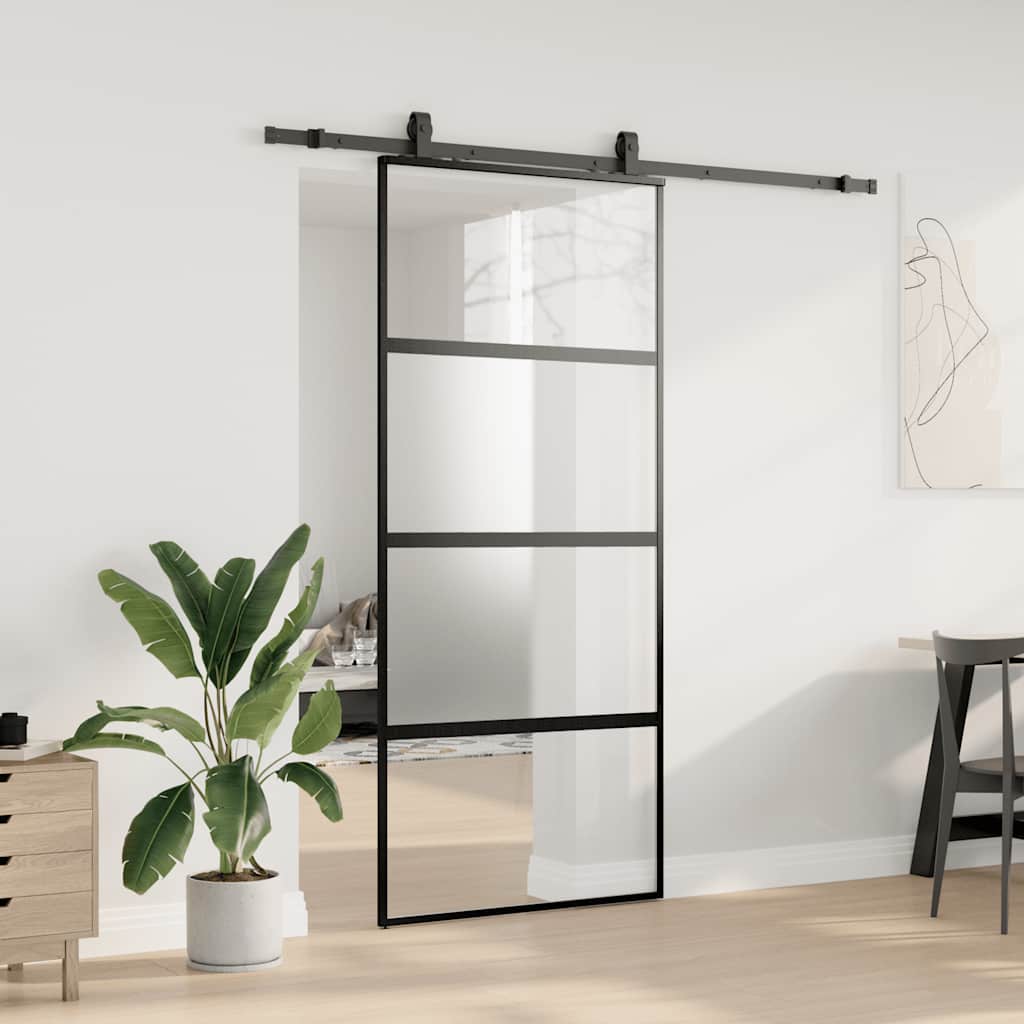 Schiebetür mit Beschlag Schwarz 76x205 cm ESG-Glas